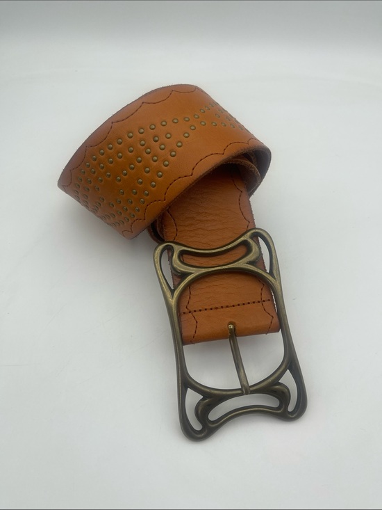 Linea Pelle Collection Wide Leather Statement Belt Brass Buckle Stitching Boho M main image 7